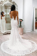 Gorgeous White Spaghetti Straps Lace Tulle Mermaid Court Train Wedding Dresses