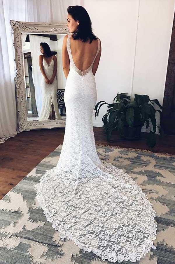 Wunderschönes weißes Meerjungfrauen-Brautkleid aus Spitze mit tiefem V-Ausschnitt und Schlitz