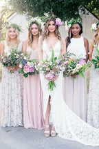 Gorgeous White Deep V-Neck Lace Mermaid Wedding Dress with Split