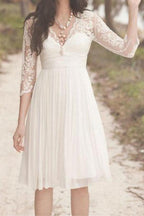 A Line Vintage Knee Length 3/4 Sleeve Lace Wedding Dresses