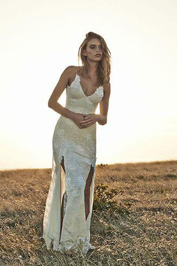 Ivory Lace Off-the-Shoulder Boho Backless Beach Wedding Dresses with Front Split, MW174