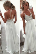 Halter Floor Length Beach Wedding Dresses Beaded Cheap Prom Dress