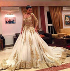Gold Lace Beaded V-Neck Long Sleeves Ball Gown Wedding Dresses with Chapel Train