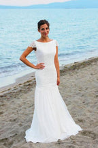 Cap Sleeves Scoop Neck Open Back Lace Beach Wedding Dresses