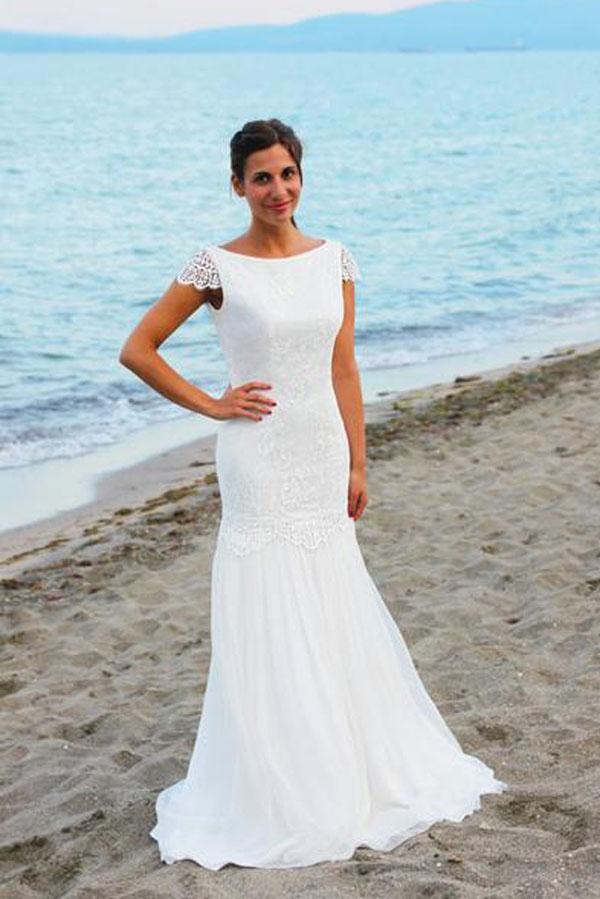 Cap Sleeves Scoop Neck Open Back Lace Beach Wedding Dresses