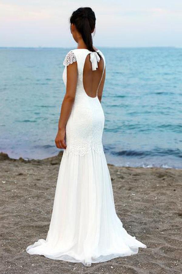 Cap Sleeves Scoop Neck Open Back Lace Beach Wedding Dresses