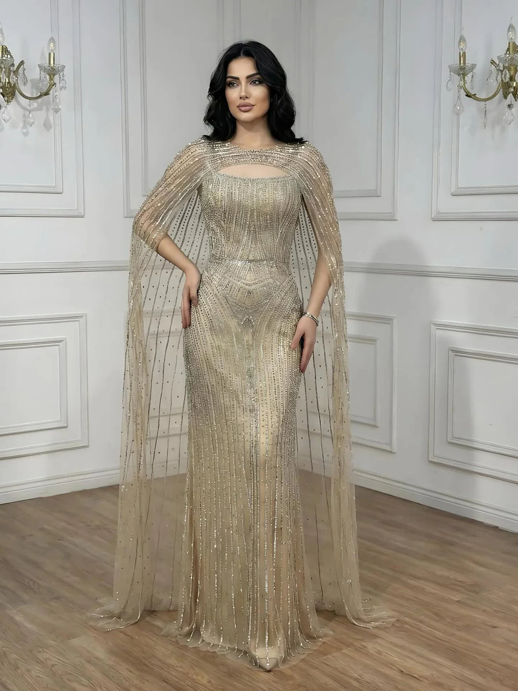 Luxuriöses blaues Diamant-Abendkleid mit Cape LA73426