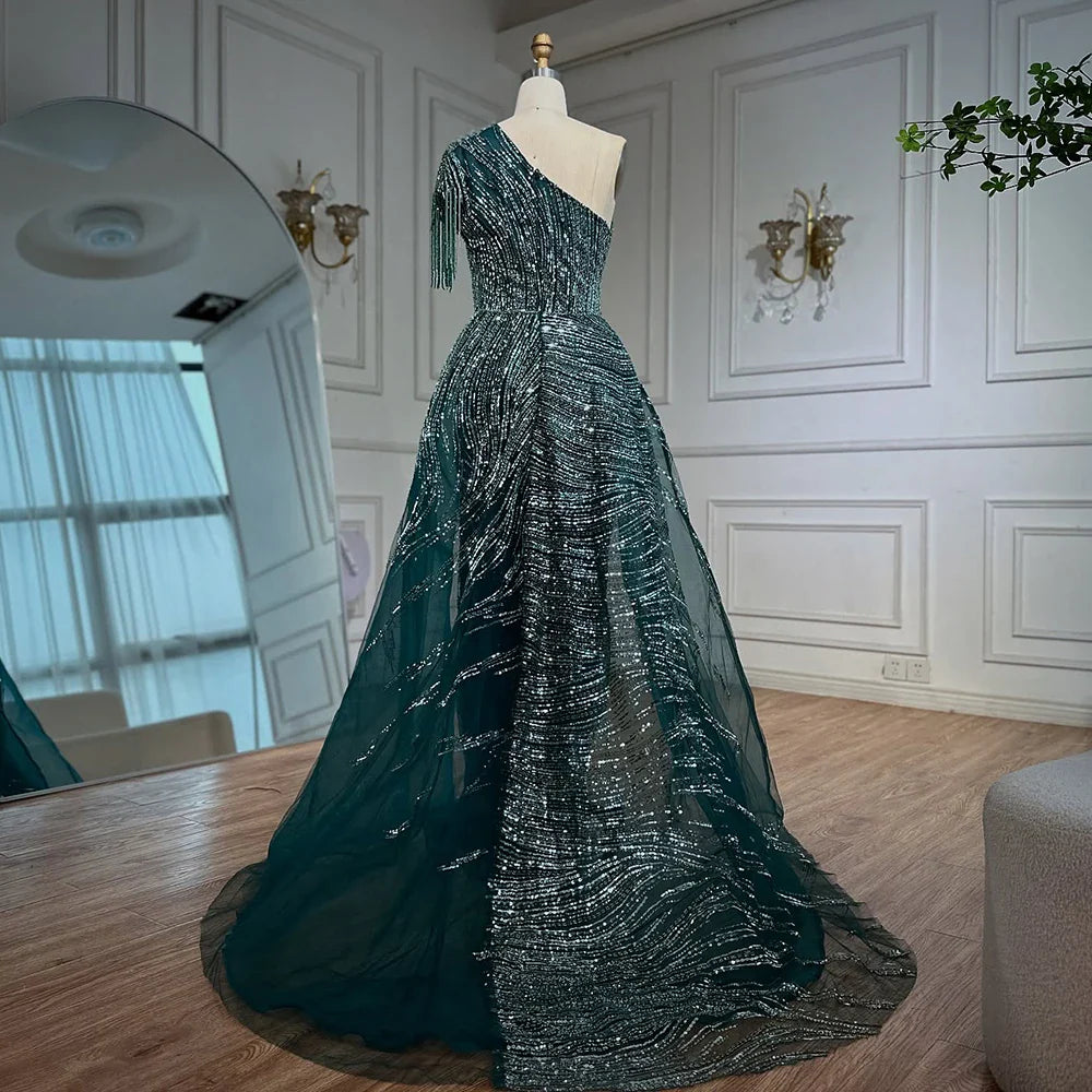 Vestido de noche verde de lujo con sobrefalda LA72979 