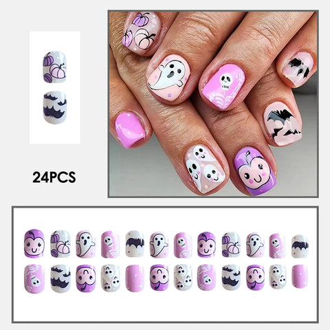 24 uñas postizas coreanas bonitas, brillantes, moradas, cortas, redondas, con diseño de calavera fantasma blanca y murciélago negro. 