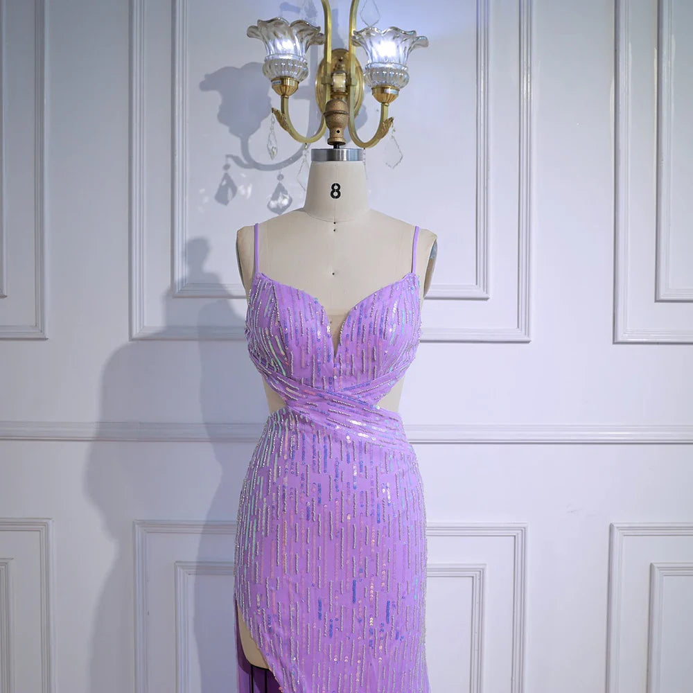 Luxury Purple Sequin Prom Dress with Slit and Cutout Waist