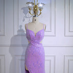 Luxury Purple Sequin Prom Dress with Slit and Cutout Waist