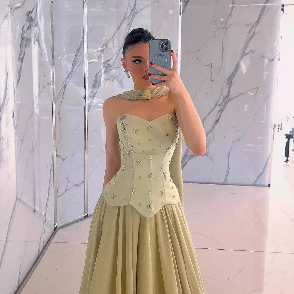 Elegantes salbeigrünes A-Linien-Abendkleid aus Chiffon LA73073 