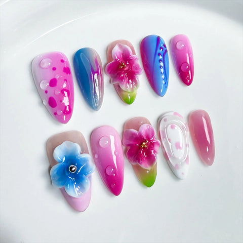 10pcs Rose Pink French Style Press On Nails Hand Carved Flower Gold Pearl Decor False Nails Ice Transparent Almond Fake Nail Tip