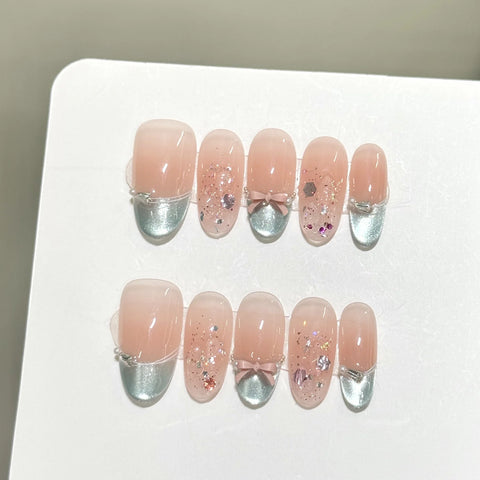 10pcs Flash Sequins Cat's Eye Press On Nails Sweet Almond Korean False Nail With Bows Pearl Decor Mint Green French Fake Nails