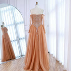 Vestido de noche de lujo color piel, corte A, hombros descubiertos y cuentas LA73038 