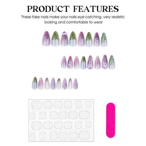 24 uñas postizas de almendra moradas claras con lazos pequeños y decoración de perlas, uñas postizas desmontables para primavera y verano. 