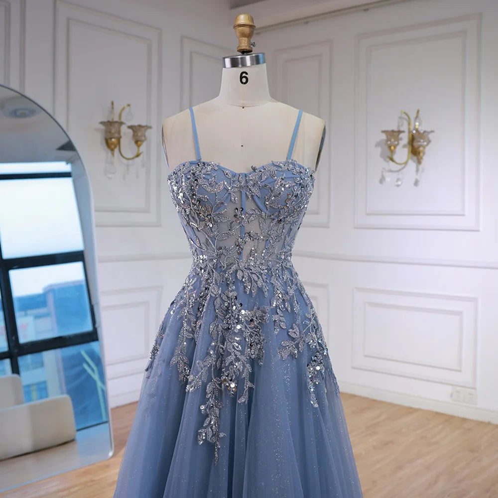 Luxuriöses graues Tüll-Abendkleid in A-Linie mit floralen Applikationen LA73015