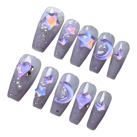 10 Stück abnehmbare Press-on-Nägel, Zuckercreme, funkelnde handgemachte künstliche Nägel, glänzend lila, falsche Nagelspitzen mit 3D-Mond-Stern-Design 