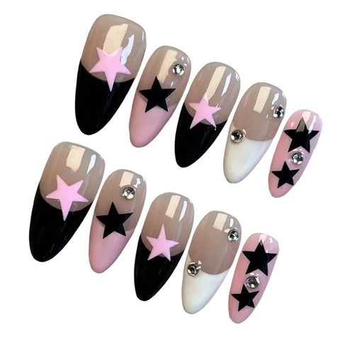 10 uñas postizas hechas a mano, estilo francés, en negro, blanco y rosa, con diseño de estrellas, almendra, para mujer. 