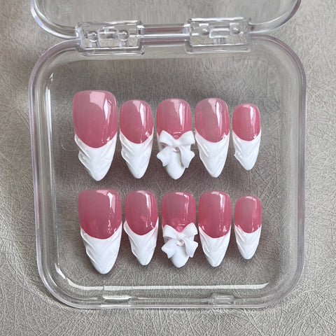 10 uñas postizas francesas negras con lazo, hechas a mano, brillantes, cortas, almendradas, para usar en salón de belleza. 