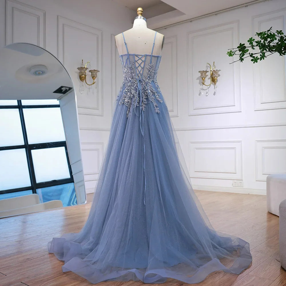 Luxuriöses graues Tüll-Abendkleid in A-Linie mit floralen Applikationen LA73015