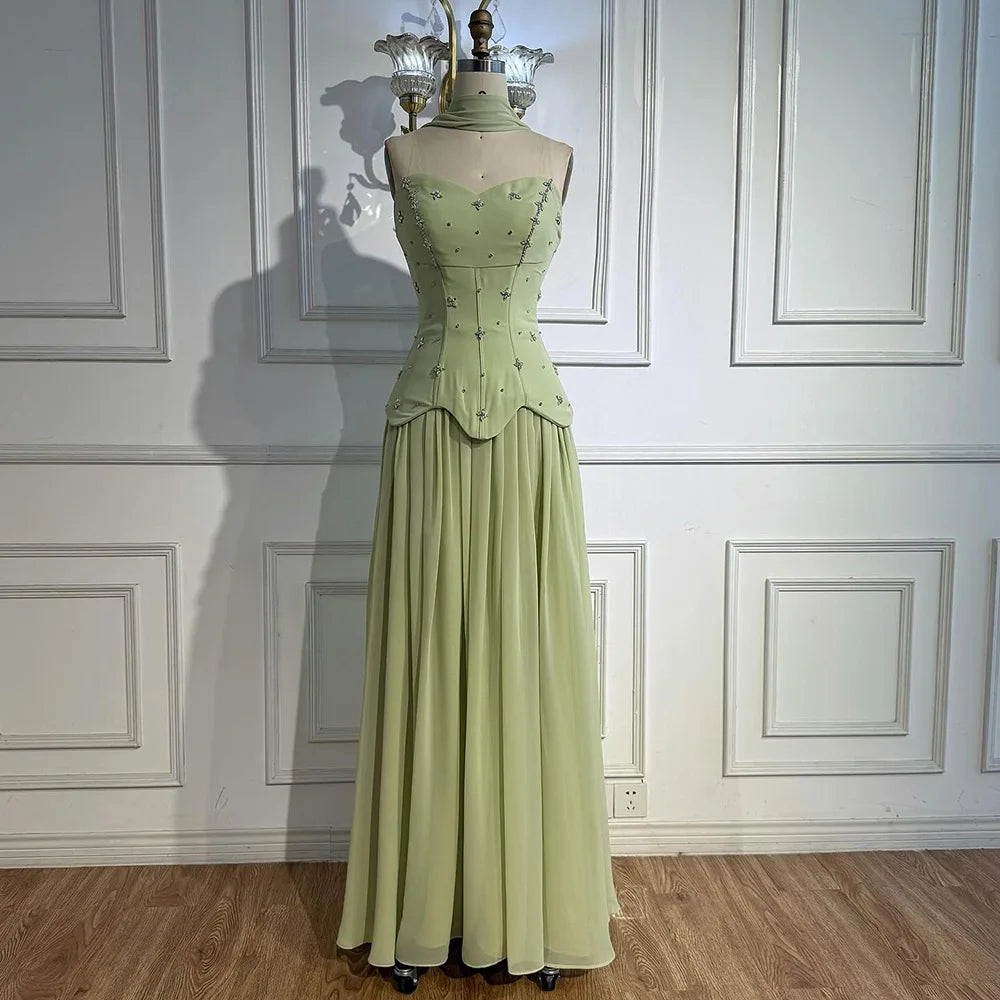 Elegantes salbeigrünes A-Linien-Abendkleid aus Chiffon LA73073 