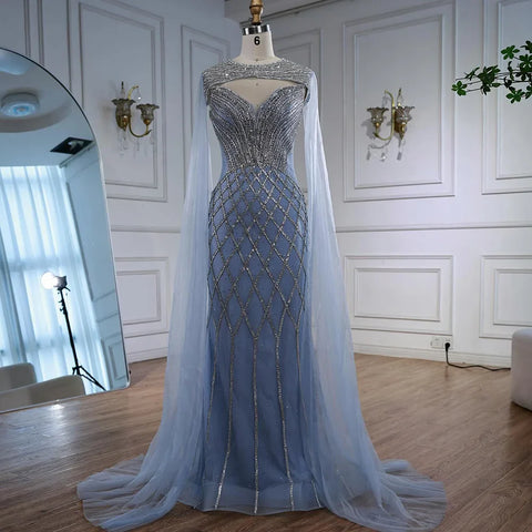 Luxury Nude Beaded Mermaid Evening Dress with Cape LA72814