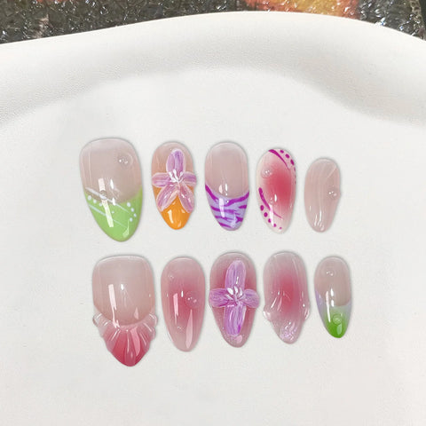10 Stück Blush Pink Press On Nails Handgemachte 3D-Blumen-Faltnagel-Patches Wiederverwendbare French Style Glossy Almond Fake Nail Tips Art 