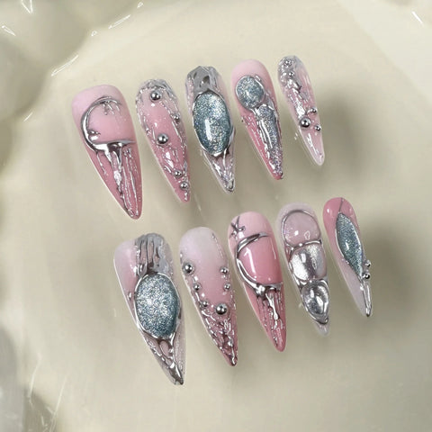 10 uñas postizas largas de ballet, estilo barroco, hechas a mano, con degradado rosa y plateado, estilo almendrado. 