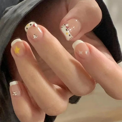 24 uñas postizas cortas de ballet con estampado de leopardo Y2K, estilo francés, borde negro, diseño de gato genial, con diamantes brillantes. 
