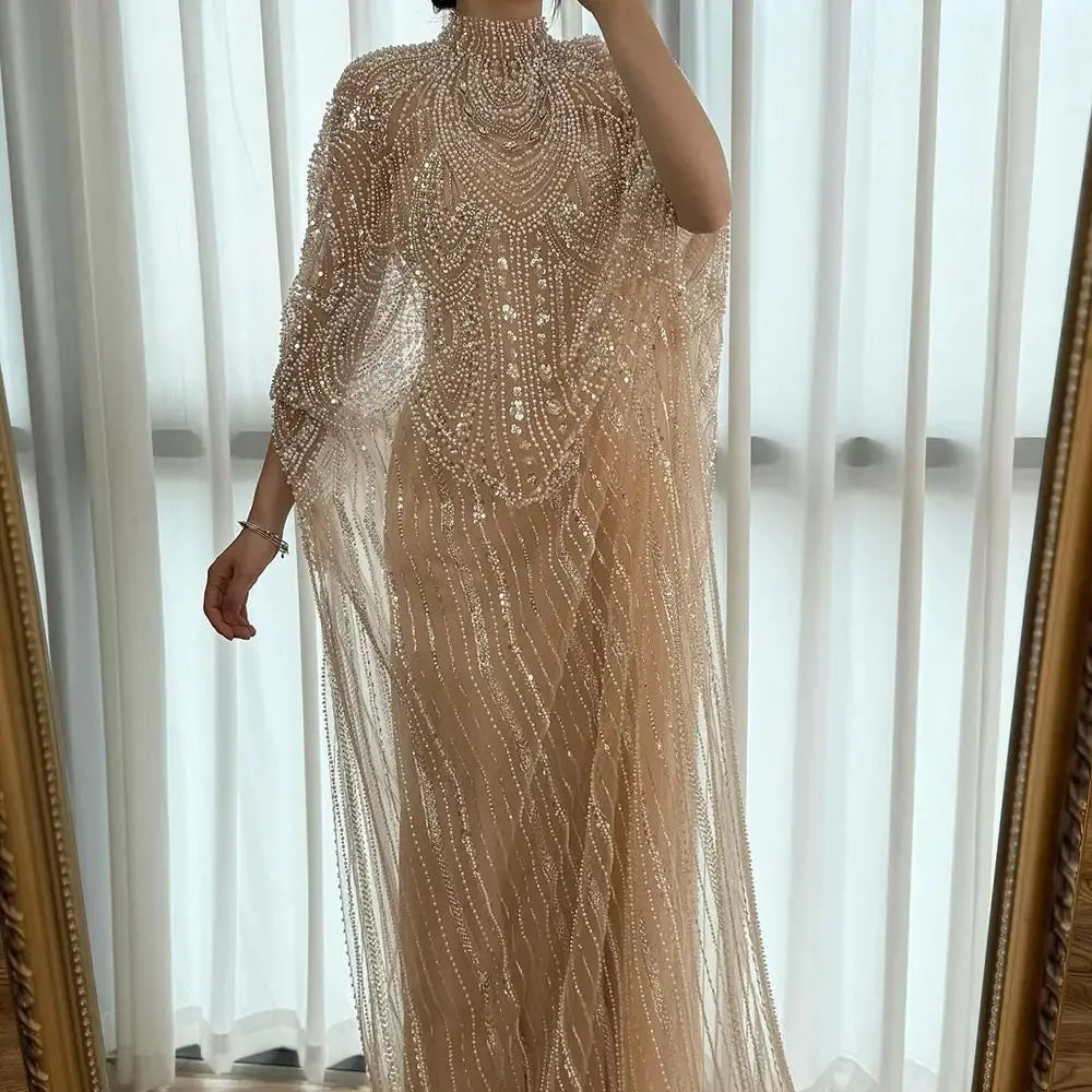 Luxuriöses champagnerfarbenes Kaftan-Abendkleid, Hochzeitskleid LA72945 