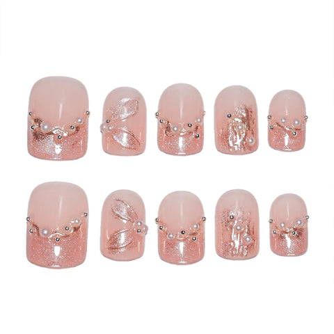10pcs Short Round Head Handmade False Nails Pink French Style Cat's Eye Press On Nails With Pearl Rhinestone Designs Fake Nail