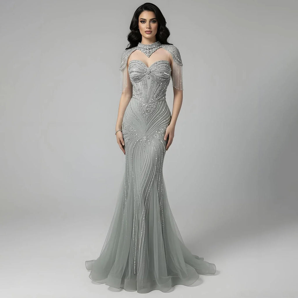Luxuriöses, nudefarbenes, perlenbesetztes Meerjungfrauen-Abendkleid mit hohem Kragen, LA72897 