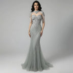 Luxuriöses, nudefarbenes, perlenbesetztes Meerjungfrauen-Abendkleid mit hohem Kragen, LA72897 
