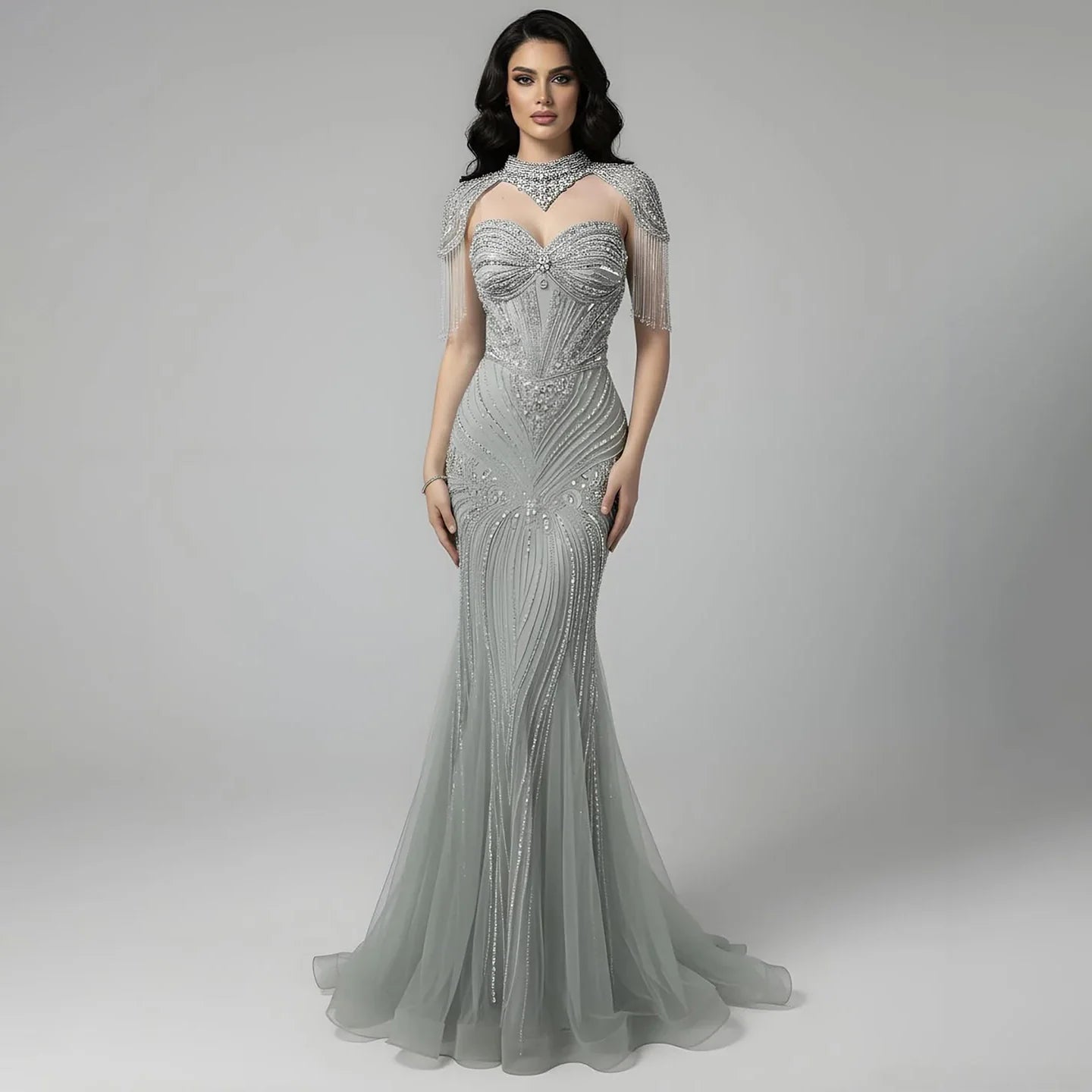 Luxuriöses, nudefarbenes, perlenbesetztes Meerjungfrauen-Abendkleid mit hohem Kragen, LA72897 