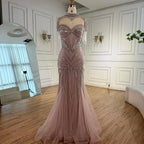 Luxuriöses, nudefarbenes, perlenbesetztes Meerjungfrauen-Abendkleid mit hohem Kragen, LA72897 