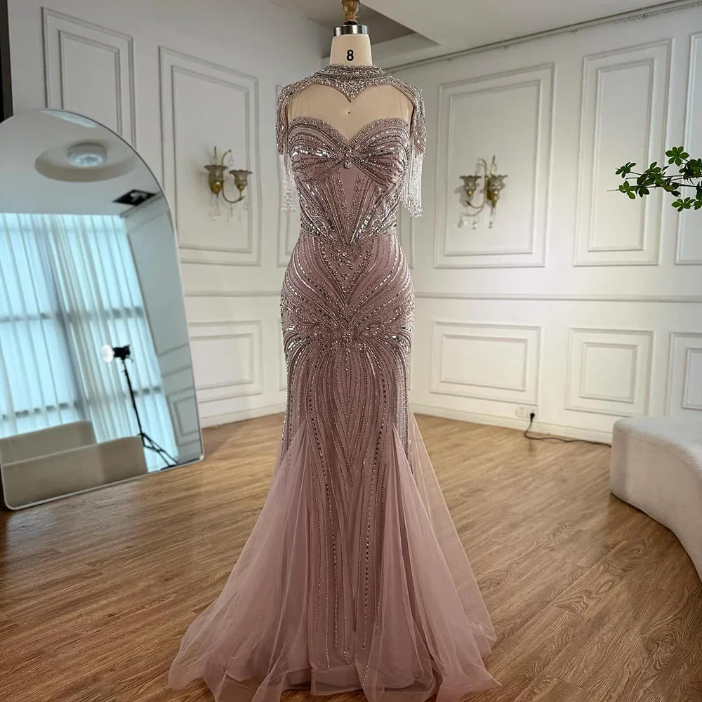 Luxuriöses, nudefarbenes, perlenbesetztes Meerjungfrauen-Abendkleid mit hohem Kragen, LA72897 
