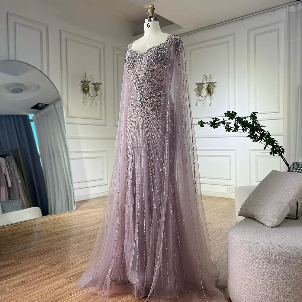 Dubai Luxus-Abendkleid mit hautfarbenen Cape-Ärmeln und Perlenbesatz LA72575A