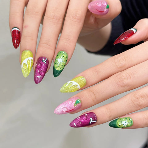 10pcs Summer Colorful Painting Fruit False Nail Tips Handmade Glitter Cat's Eye Press On Nails Hawaii Dopamine Fake Nails