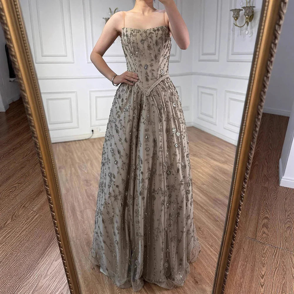 Vestido de noche de lujo verde salvia con cuentas, corte A y tirantes finos LA72805 