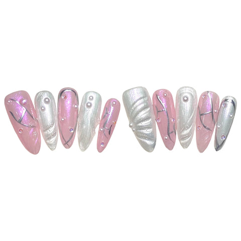 10 uñas postizas largas de almendra, hechas a mano, con diseño de ojo de gato, color rosa y blanco, con diseños de perlas, parches para uñas postizas fáciles de usar. 