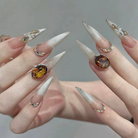24 parches de uñas postizas largas y puntiagudas, brillantes, negras oscuras, modernas y usables, de color sólido, cobertura total. 