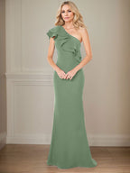 Vestido de gasa para madre de la novia, corte A, un hombro, largo hasta el suelo, con volantes 