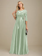 A-Linien-Kleid mit Illusion-Ausschnitt, bodenlang, aus Stretch-Satin und Spitze, verziert mit Schleife und Pailletten, für die Mutter der Braut 