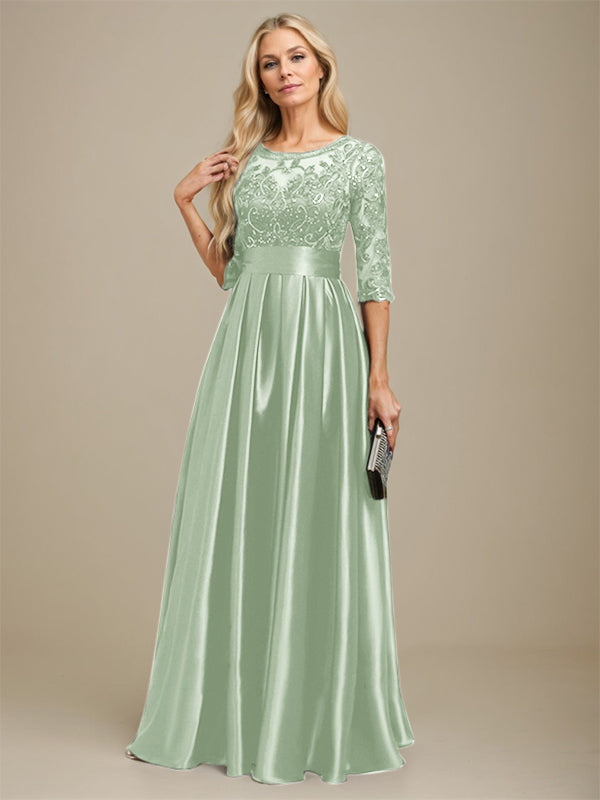 Vestido de madre de la novia de satén elástico con encaje, corte A, escote ilusión, largo hasta el suelo, con lazo y lentejuelas 