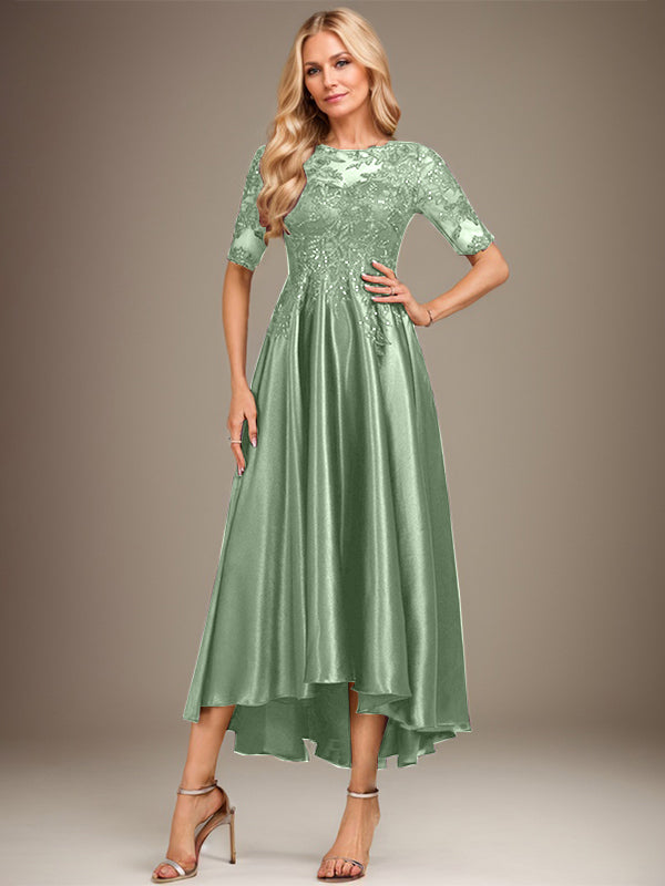 Vestido de madre de la novia de encaje satinado elástico asimétrico con ilusión de escote en A y lentejuelas 