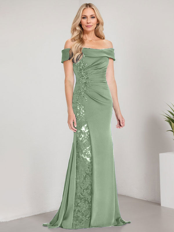 Vestido de sirena con escote en A, hombros descubiertos y largo hasta el suelo para madre de la novia, apliques y cuentas, con abertura alta 