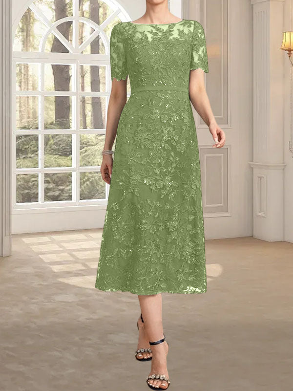 Vestido de encaje para madre de la novia con lentejuelas, corte A, escote ilusión, largo hasta la rodilla