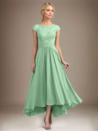 A-Linien-Kleid aus Chiffon mit asymmetrischem, plissiertem Spitzeneinsatz und Illusion-Ausschnitt für die Mutter der Braut 