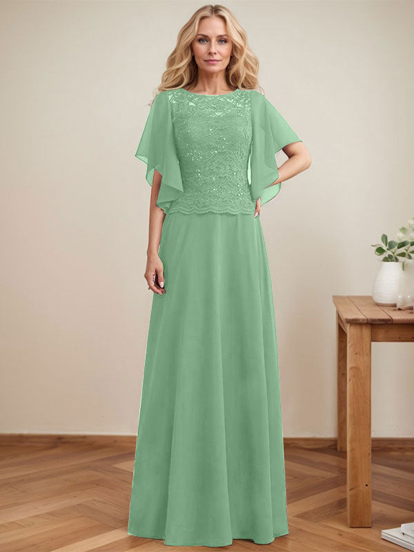 Vestido de madre de la novia de gasa con encaje, ilusión, largo hasta el suelo, corte A y lentejuelas 
